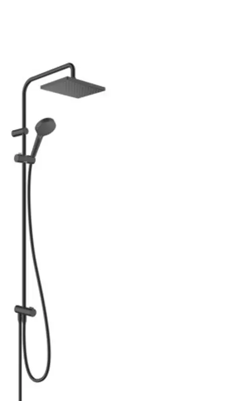 Schwarze Hansgrohe Duschsäule mit Kopf- und Handbrause. Der Handbrausekopf ist an einem langen Schlauch befestigt und an einer vertikalen Stange montiert.